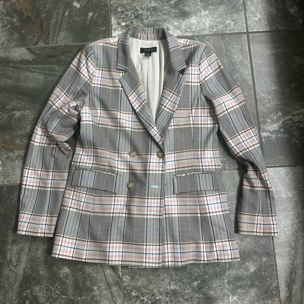 Halogen Gray Plaid Double-Breasted Blazer